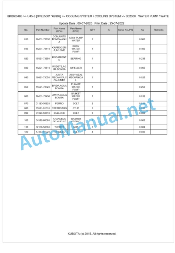 Kubota U45-3 Parts Manual PDF BKIDK0486 2 Kubota U45-3 Parts Manual PDF BKIDK0486-2