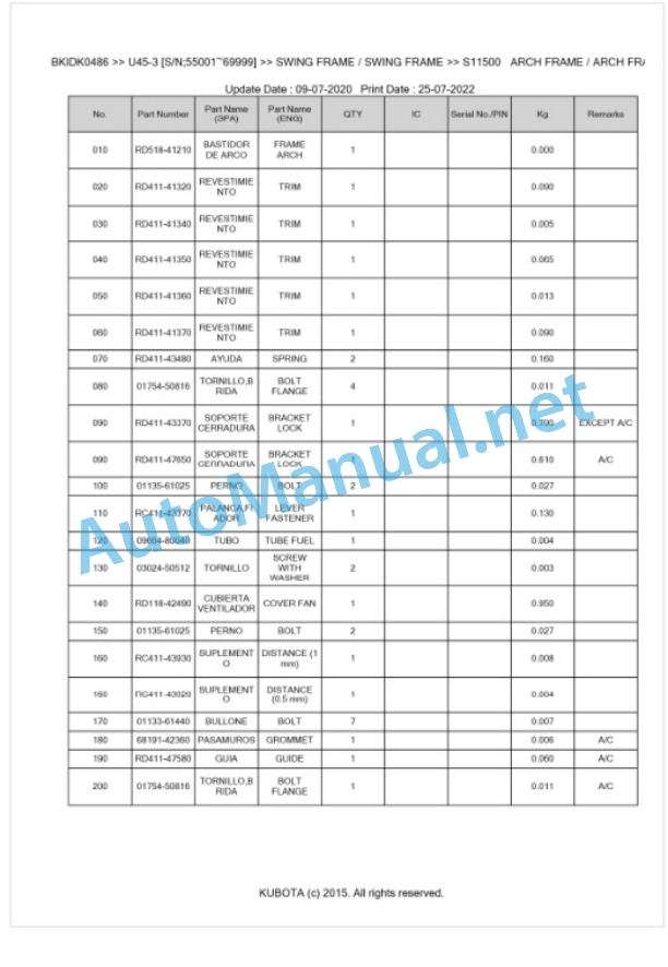 Kubota U45-3 Parts Manual PDF BKIDK0486 5 Kubota U45-3 Parts Manual PDF BKIDK0486-5