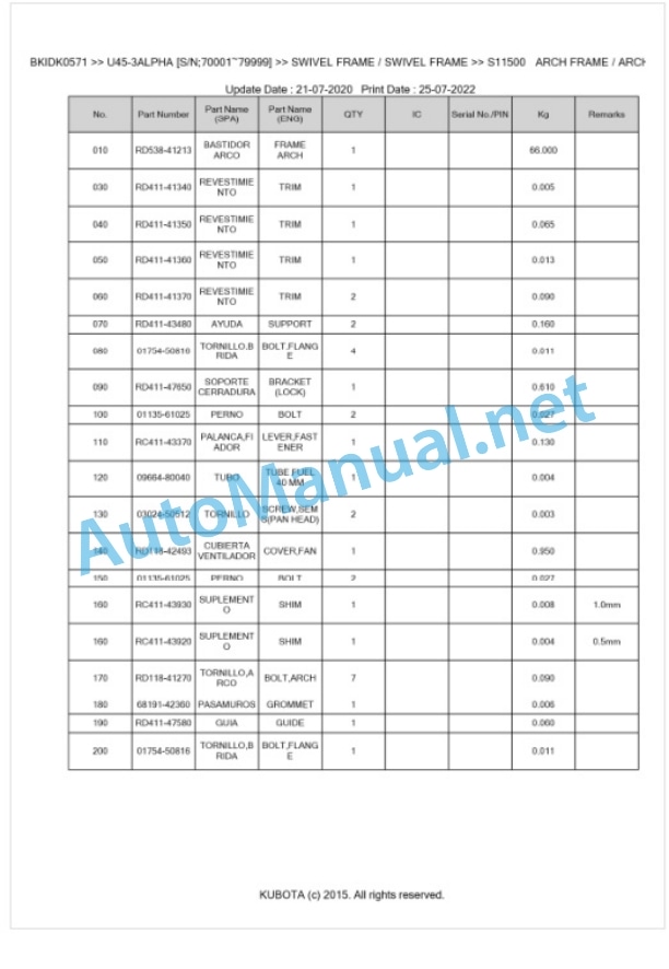 Kubota U45-3ALPHA Parts Manual PDF BKIDK0571 5 Kubota U45-3ALPHA Parts Manual PDF BKIDK0571-5