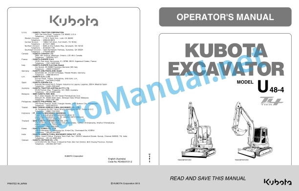 Kubota U48-4 Excavator Operators Manual PDF