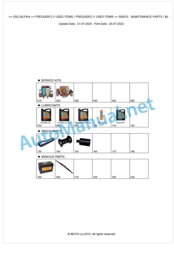 Kubota U50-3ALPHA Parts Manual PDF BKIDK0578 1 Kubota U50-3ALPHA Parts Manual PDF BKIDK0578