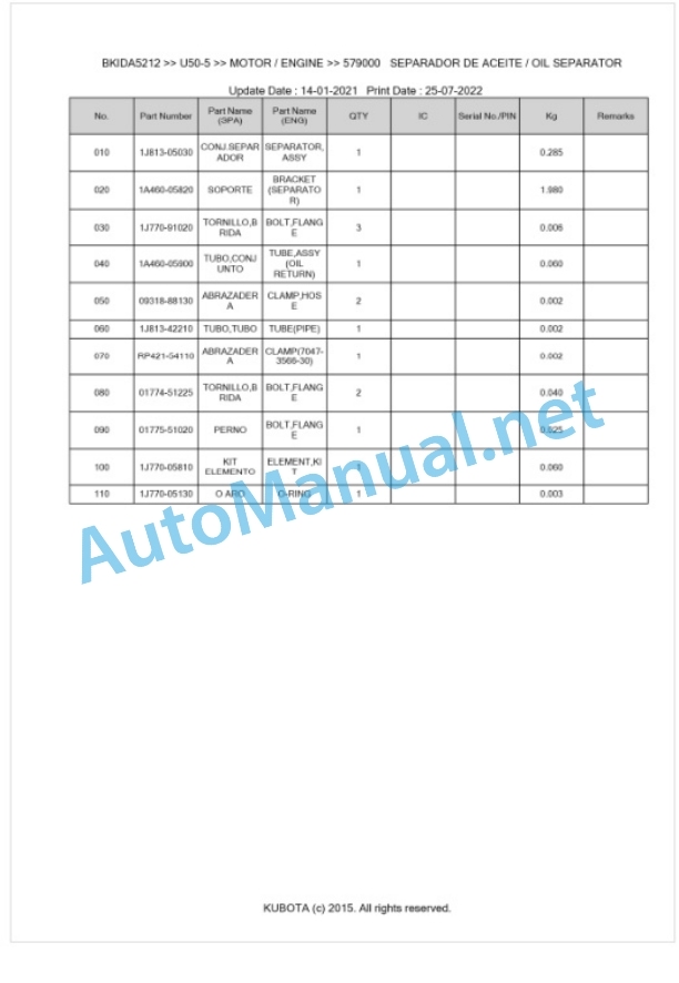 Kubota U50-5 Parts Manual PDF BKIDA5212 2 Kubota U50-5 Parts Manual PDF BKIDA5212-2