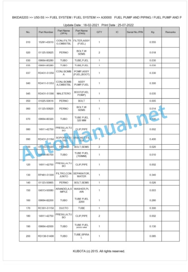 Kubota U50-5S Parts Manual PDF BKIDA5203 2 Kubota U50-5S Parts Manual PDF BKIDA5203-2