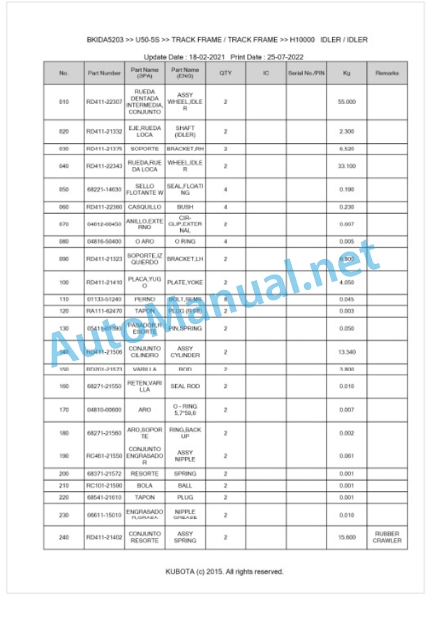 Kubota U50-5S Parts Manual PDF BKIDA5203 5 Kubota U50-5S Parts Manual PDF BKIDA5203-5