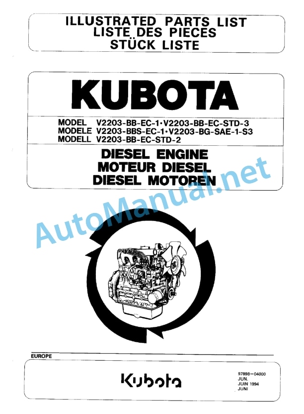 Kubota V2203-BB-EC-1, V2203-BB-EC-STD Parts Manual PDF