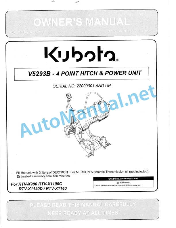 Kubota V5293B-4 Point Hitch, Power Unit Operators Manual PDF