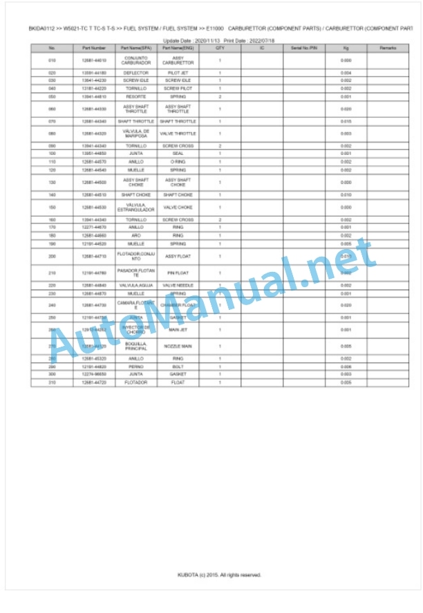 Kubota W5021-TC T TC-S T-S Parts Manual PDF BKIDA0112 3 Kubota W5021-TC T TC-S T-S Parts Manual PDF BKIDA0112-3