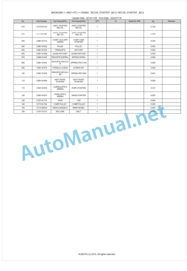 Kubota W621-HTC Parts Manual PDF BKIDK0268 3 Kubota W621-HTC Parts Manual PDF BKIDK0268-3