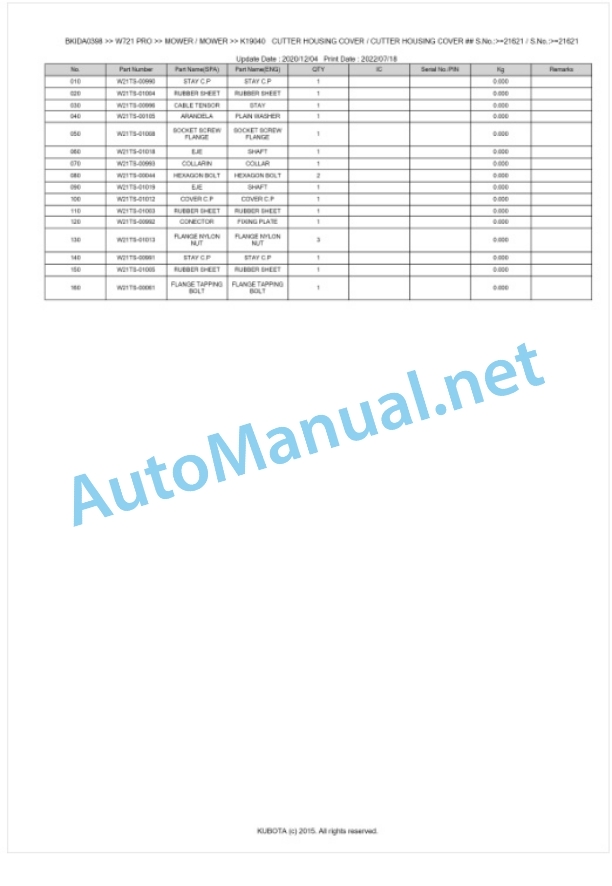 Kubota W721 PRO Parts Manual PDF BKIDA0398 5 Kubota W721 PRO Parts Manual PDF BKIDA0398-5