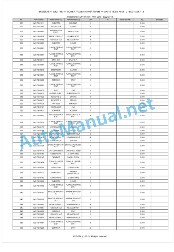 Kubota W821-PRO Parts Manual PDF BKIDE5045 5 Kubota W821-PRO Parts Manual PDF BKIDE5045-5