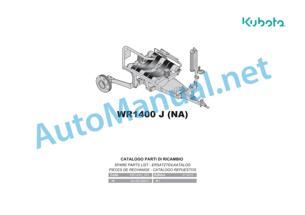Kubota WR1400 J NA Bale Wrapper Parts Manual PDF