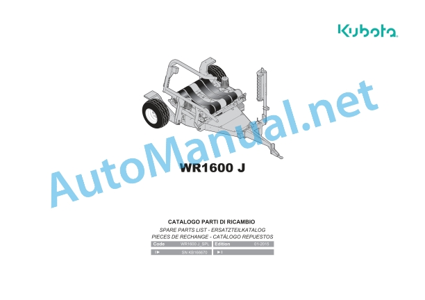 Kubota WR1600 J Bale Wrapper Parts Manual PDF
