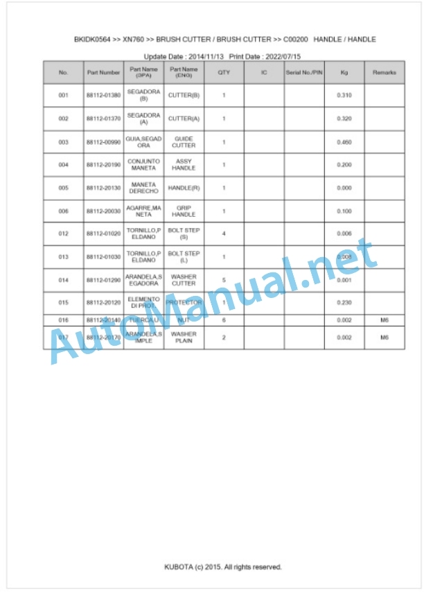 Kubota XN760 Parts Manual PDF BKIDK0564 2 Kubota XN760 Parts Manual PDF BKIDK0564-2