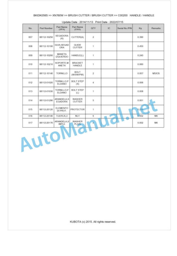 Kubota XN760W Parts Manual PDF BKIDK0565 2 Kubota XN760W Parts Manual PDF BKIDK0565-2