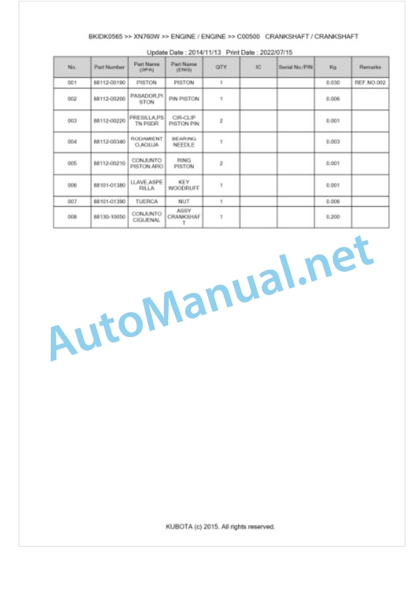 Kubota XN760W Parts Manual PDF BKIDK0565 3 Kubota XN760W Parts Manual PDF BKIDK0565-3