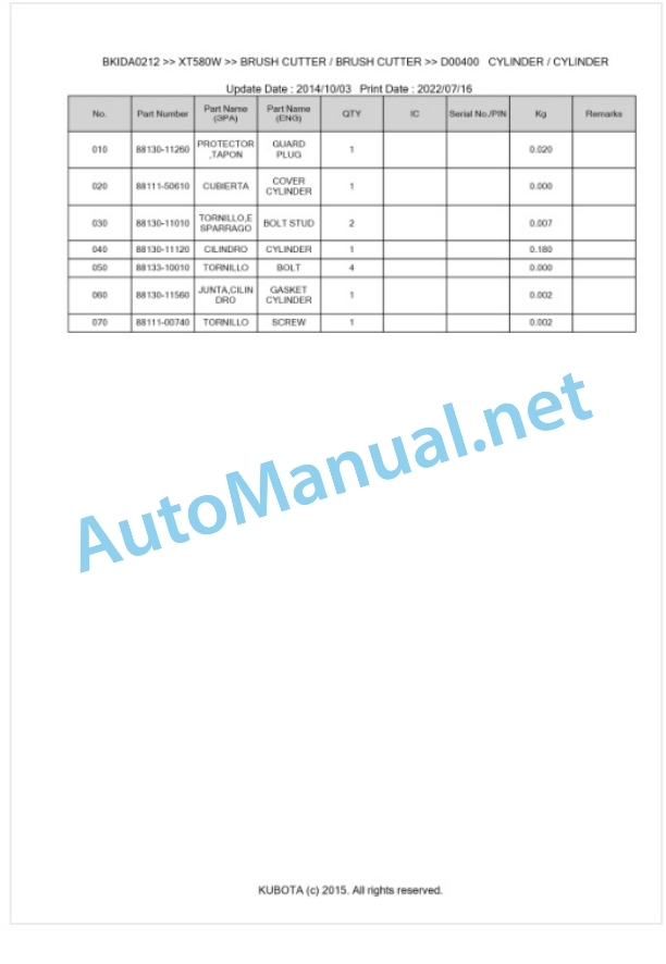 Kubota XT580W Parts Manual PDF BKIDA0212 3 Kubota XT580W Parts Manual PDF BKIDA0212-3