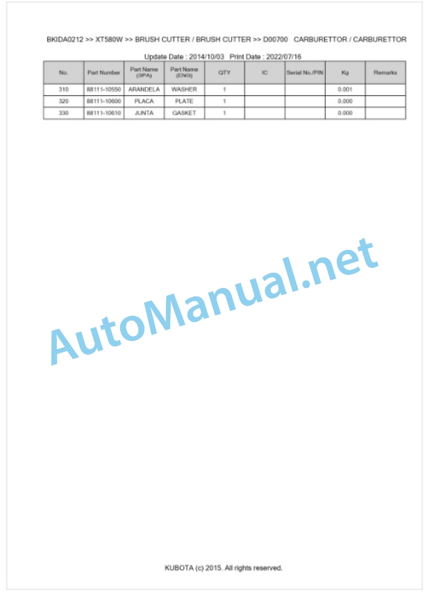 Kubota XT580W Parts Manual PDF BKIDA0212 4 Kubota XT580W Parts Manual PDF BKIDA0212-4