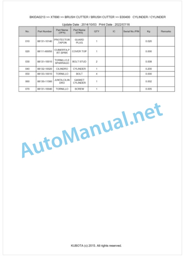 Kubota XT690 Parts Manual PDF BKIDA0213-3