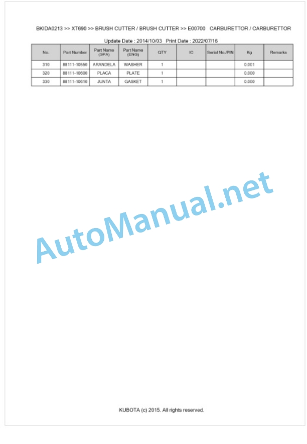 Kubota XT690 Parts Manual PDF BKIDA0213-4