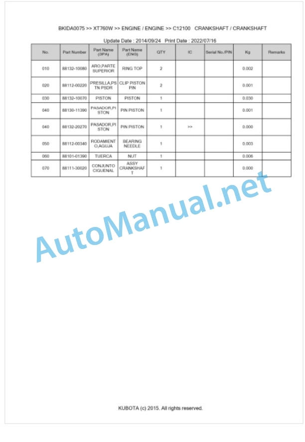 Kubota XT760W Parts Manual PDF BKIDA0075 4 Kubota XT760W Parts Manual PDF BKIDA0075-4