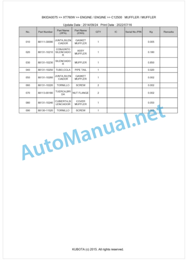 Kubota XT760W Parts Manual PDF BKIDA0075 5 Kubota XT760W Parts Manual PDF BKIDA0075-5
