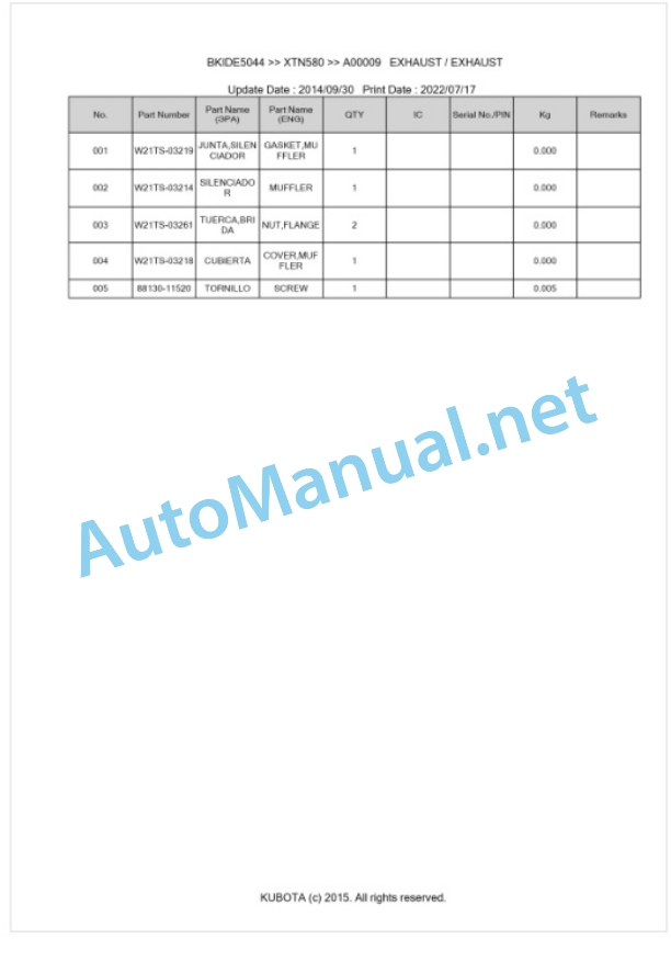 Kubota XTN580 Parts Manual PDF BKIDE5044 5 Kubota XTN580 Parts Manual PDF BKIDE5044-5