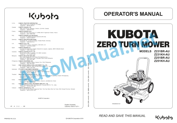 Kubota Z231BR-AU, Z231KH-AU, Z251BR-AU, Z251KH-AU Zero Turn Mower Operators Manual PDF