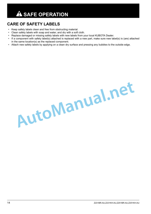 Alternative view of Kubota Z231BR-AU, Z231KH-AU, Z251BR-AU, Z251KH-AU Zero Turn Mower Operators Manual PDF
