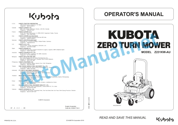 Kubota Z231KW-AU Zero Turn Mower Operators Manual PDF