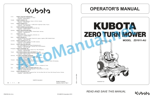 Kubota ZD1011-AU Zero Turn Mower Operators Manual PDF