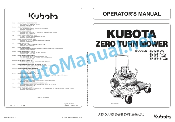 Kubota ZD1211-AU, ZD1211R-AU, ZD1211L Operators Manual PDF