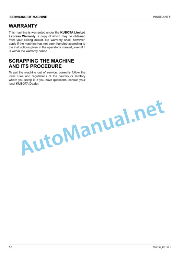 Alternative view of Kubota ZD1211-AU, ZD1211R-AU, ZD1211L Operators Manual PDF