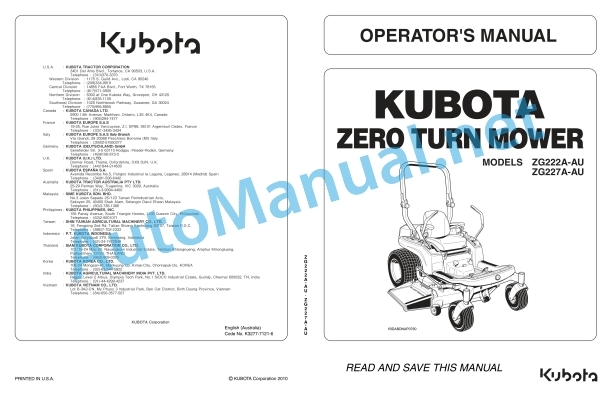 Kubota ZG222A-AU, ZG227A-AU Zero Turn Mower Operators Manual PDF