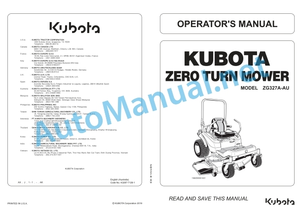 Kubota ZG327A-AU Zero Turn Mower Operators Manual PDF