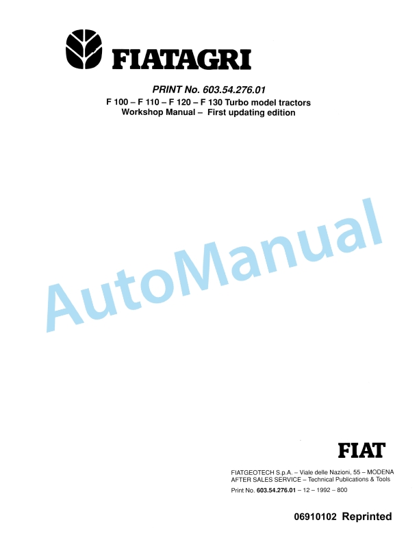 Fiatagri F100, F110, F120, F130 Turbo Tractor Workshop Manual 06910102