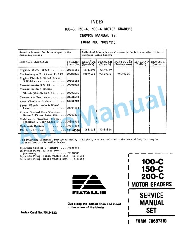 Fiatallis 100C, 150C, 200C Motor Grader Service Manual 70697310