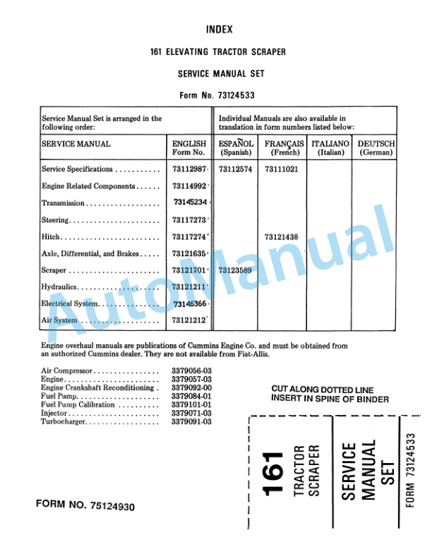 Fiatallis 161 Elevating Tractor Scraper Service Manual 73124533-2