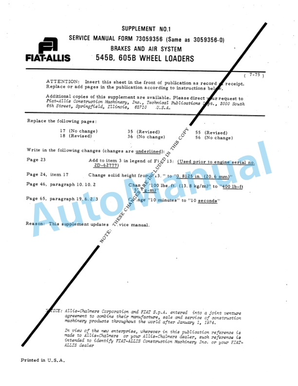 Fiatallis 545B, 605B Wheel Loader Service Manual 73061032 3 Fiatallis 545B, 605B Wheel Loader Service Manual 73061032 - Image 3