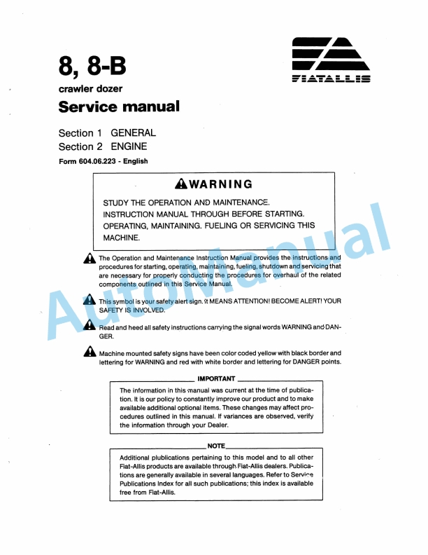 Fiatallis 8, 8B Crawler Dozer Service Manual 60406223