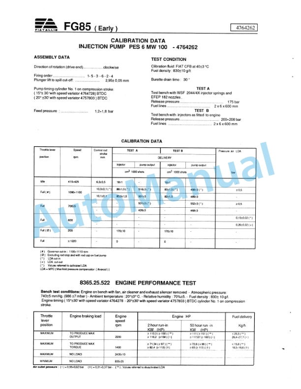 Fiatallis Calibration Data Fuel Injection Pump Service Manual 60407047 3 Fiatallis Calibration Data Fuel Injection Pump Service Manual 60407047-3