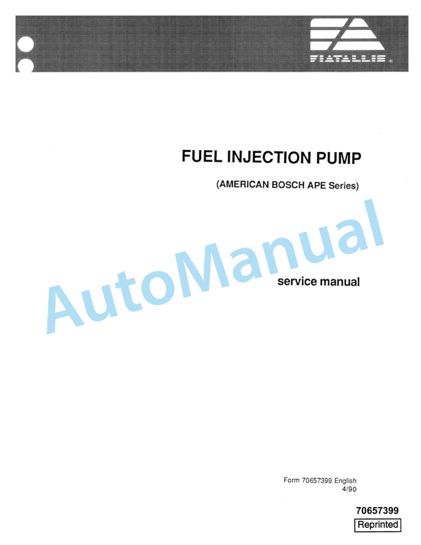 Fiatallis Fuel Injection Pump Service Manual 70657399