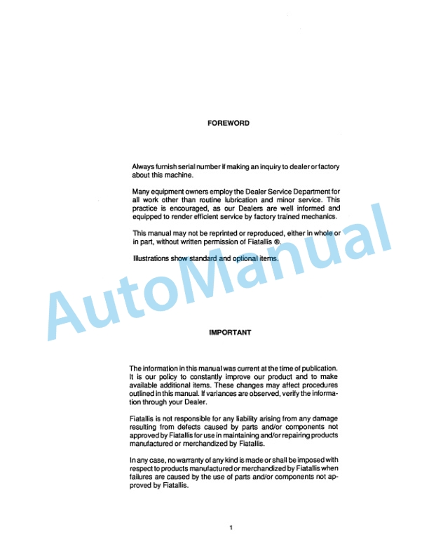 Fiatallis M100, 100B, 100C Motor Grader Service Manual 70646138 3 Fiatallis M100, 100B, 100C Motor Grader Service Manual 70646138 - Image 3