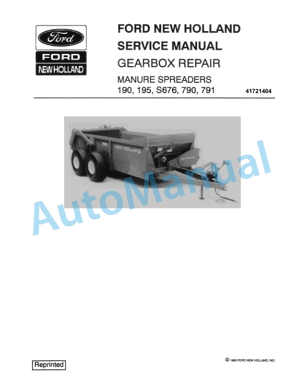 Ford New Holland 190, 195, S676, 790, 791 Manure Spreader Service Manual 41721404-2