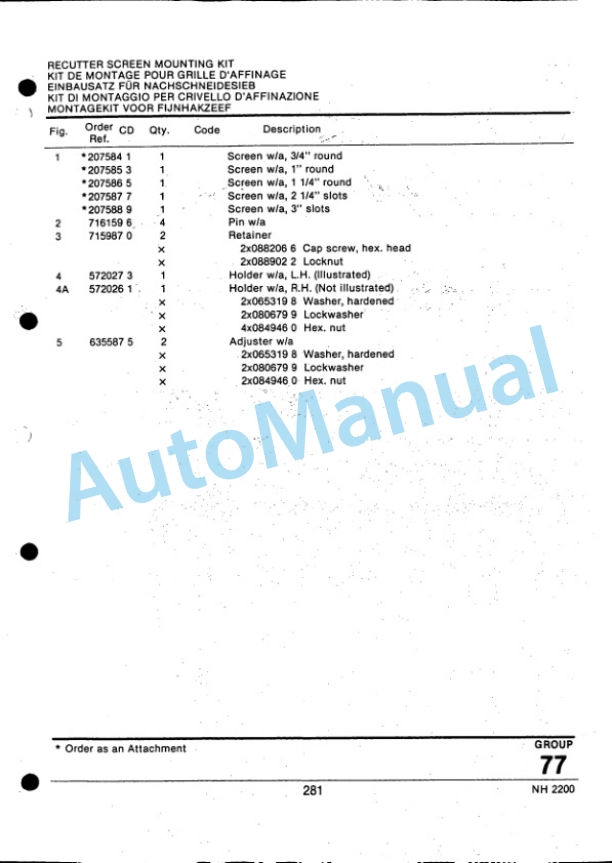 Ford New Holland 2200 Forage Harvester Service Parts Catalogue 4971019-5