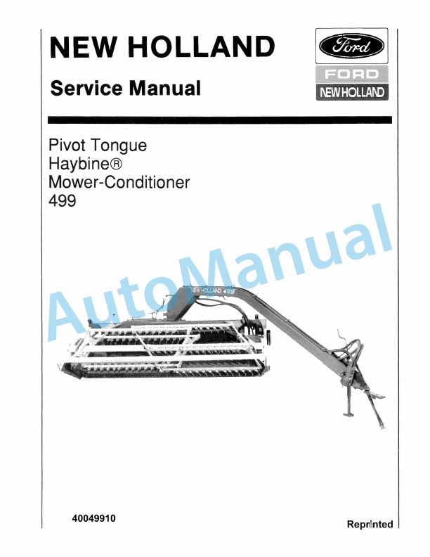 Ford New Holland 499 Pivot Tongue Haybine Mower-Conditioner Service Manual 40049910
