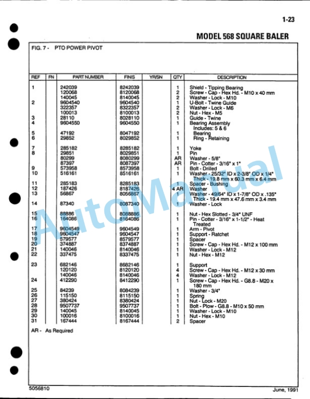 Ford New Holland 568 Square Baler Service Parts Catalogue 5056810-2