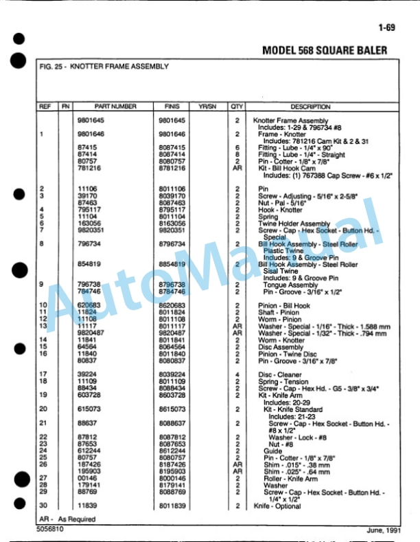 Ford New Holland 568 Square Baler Service Parts Catalogue 5056810-4