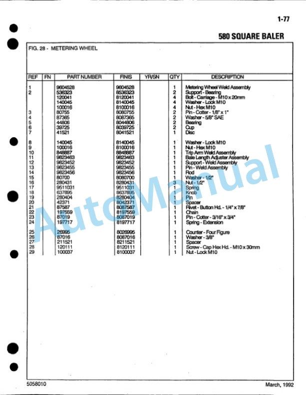 Ford New Holland 580 Baler Service Parts Catalogue 5058010-4