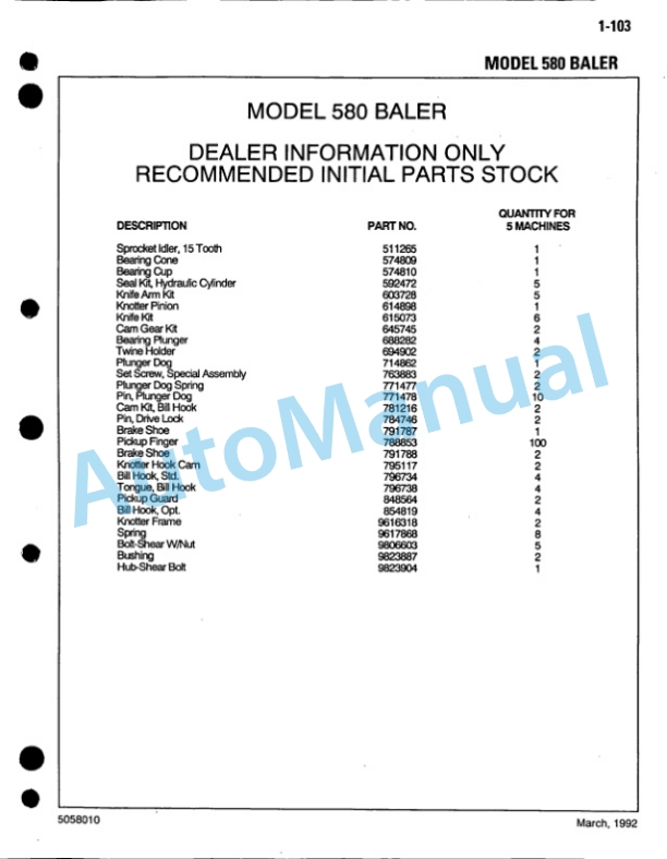 Ford New Holland 580 Baler Service Parts Catalogue 5058010-5