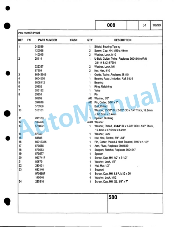 Ford New Holland 580 Baler Service Parts Catalogue 86604655-2